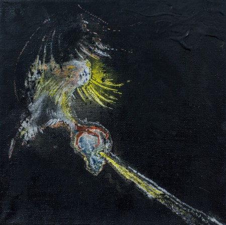 Sova a lebka I., akryl na plátně, 30 x 30 cm, 2017 – 16 000 Kč